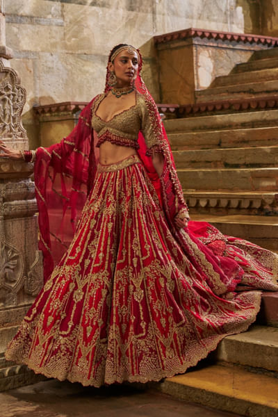 Red maroon zari-dabka embellished lehenga set