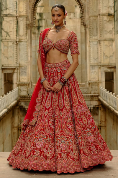 Red resham-zari embroidered lehenga set