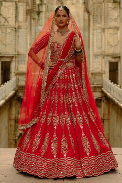 Red crystal-zari embroidered lehenga set