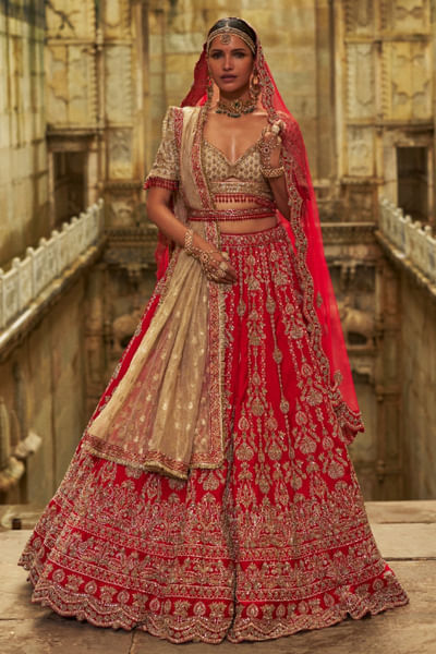 Red sequin-zari embroidered lehenga set