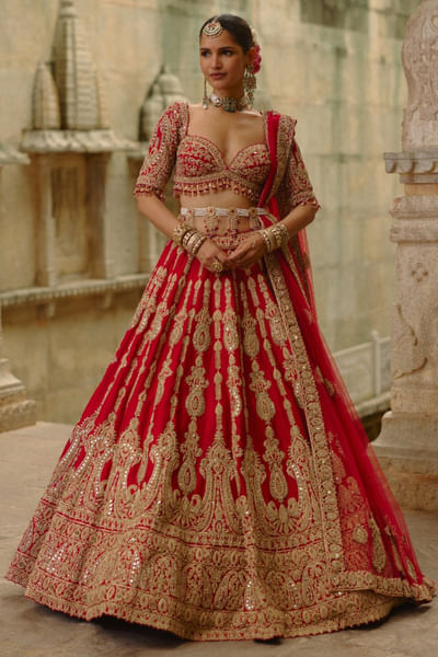 Red dori and zari embroidered lehenga set