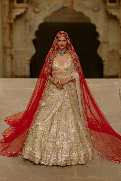 Gold crystal-sequin embellished lehenga set