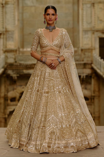 Gold crystal-sequin embellished lehenga set