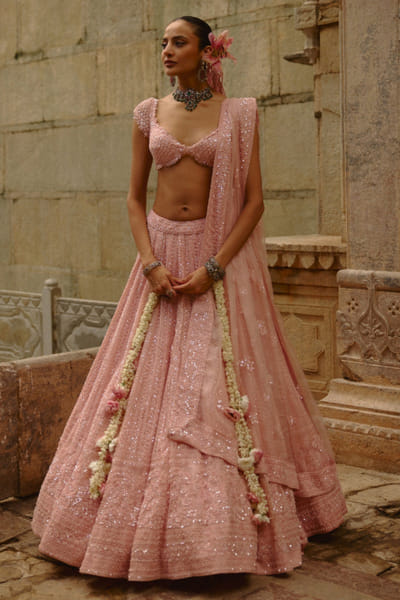 Nitika Gujral Pink thread and sequin embroidered lehenga set NITNOV25D137453