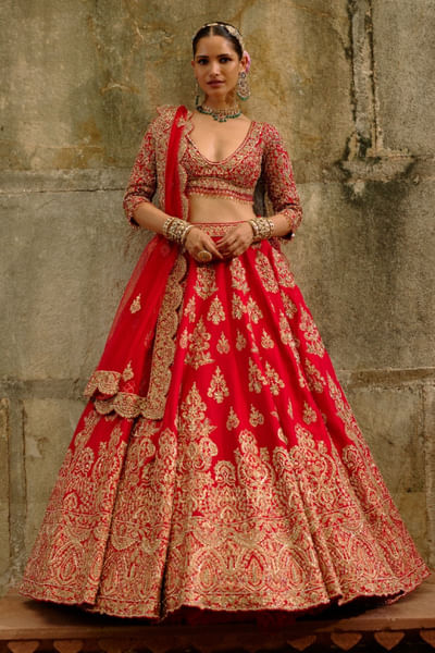 Red zari-zardozi embroidered lehenga set