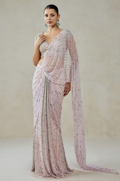 Nitika Gujral Baby pink sequin embroidery pre drape sari set NITIJUN26D146354