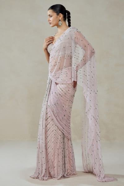 Nitika Gujral Baby pink sequin embroidery pre drape sari set NITIJUN26D146354
