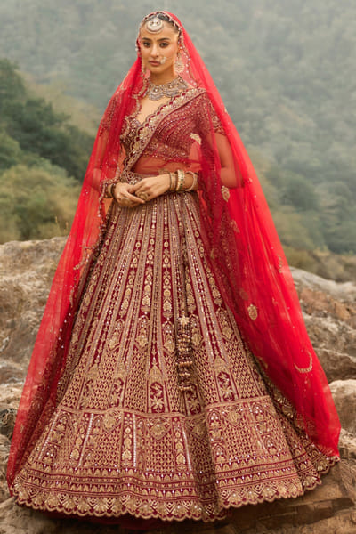 Nitika Gujral Ruby maroon zardozi embroidered lehenga set NITIAUG26D152404