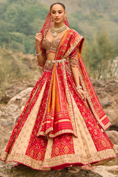 Nitika Gujral Red and gold patola lehenga set NITIAUG26D152419