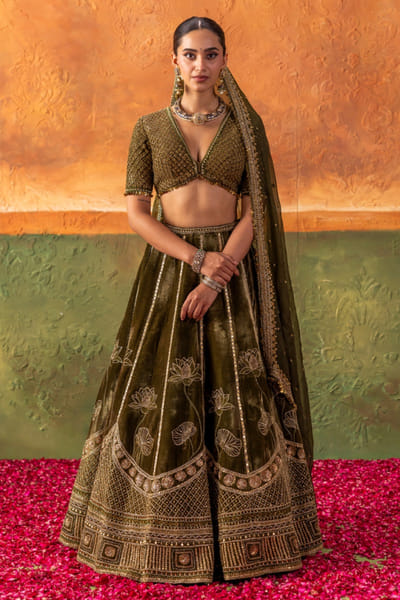 Nidhi Halani Olive green lotus motif embroidered lehenga set NIDHJUL26D149424