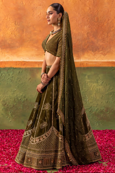 Nidhi Halani Olive green lotus motif embroidered lehenga set NIDHJUL26D149424