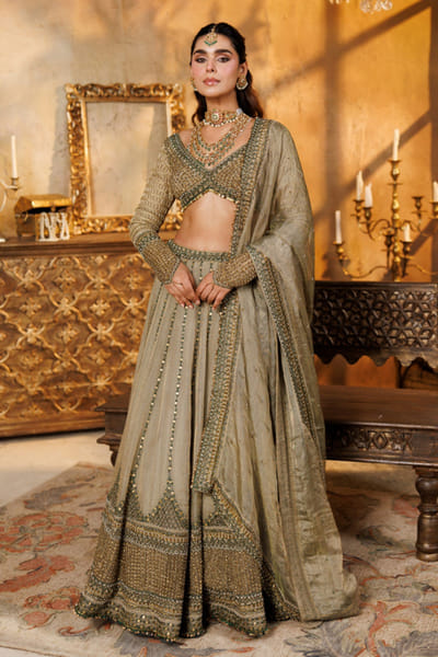 Nidhi Halani Olive green zardozi embroidered lehenga set NIDHJUL26D149429