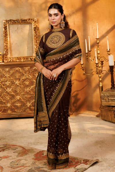 Nidhi Halani Brown embellished sari set NIDHJUL26D149432