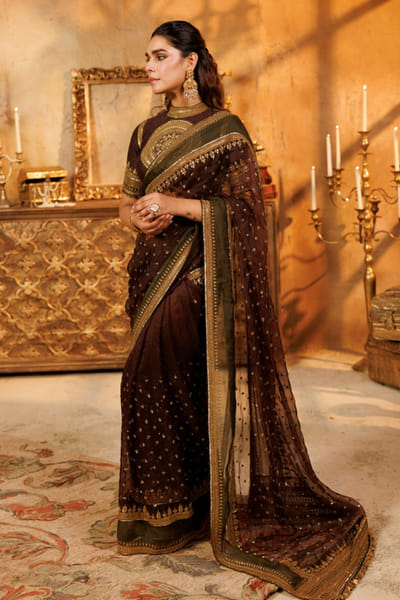 Nidhi Halani Brown embellished sari set NIDHJUL26D149432