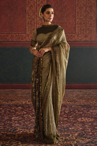 Nidhi Halani Olive green marodi embroidered floral sari set NIDHAUG26D152983