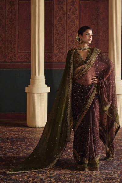 Nidhi Halani Bronze-olive embroidered sari set NIDHAUG26D152987