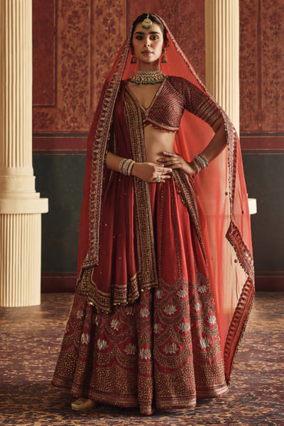 Nidhi Halani Crimson lotus-scallop embroidered lehenga set NIDHAUG26D152989