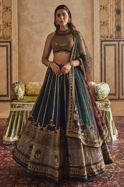 Nidhi Halani Emerald green-gold embroidered lehenga set NIDHAUG26D152994