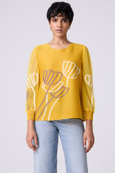 Yellow floral printed and embellished top


