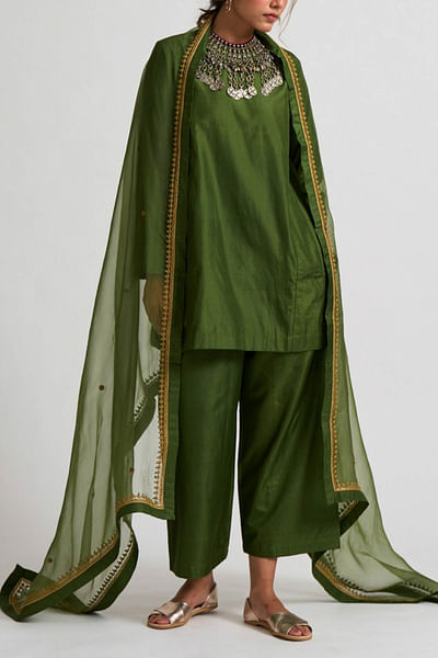 Green habutai silk kurta set