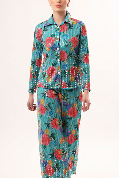 Turquoise floral shirt pants set