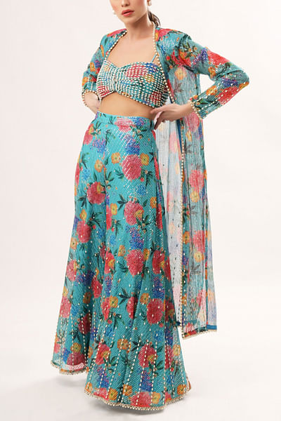 Turquoise floral embellished cape set