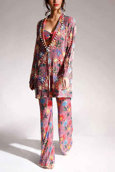 Floral embellished blazer pant set