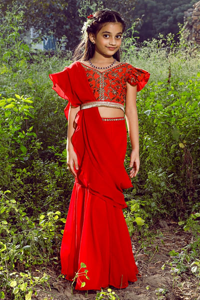 Red embroidered concept sari set