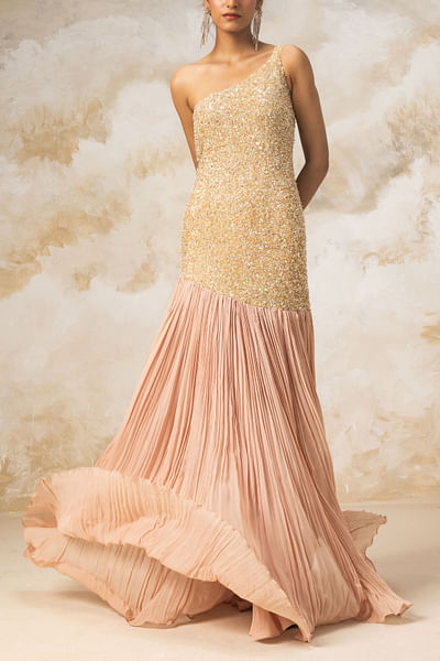 Peach sequin embellished one shoulder gown