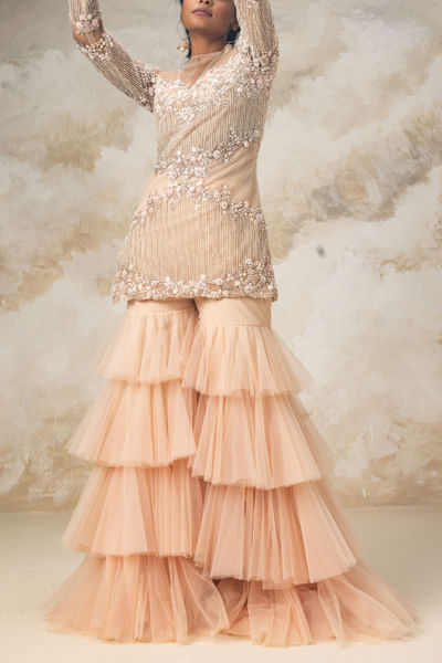 Peach ruffle sharara and short kurta