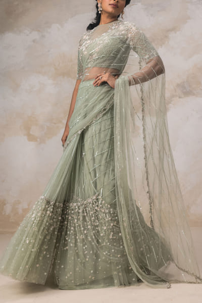 Mint green floral embroidered sari set