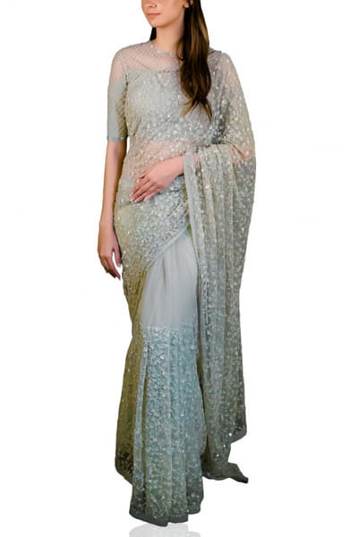 Green embellished sari set