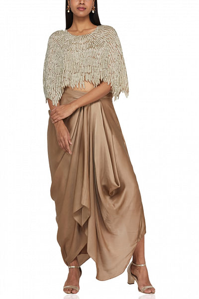 Beige cowl skirt and cape set

