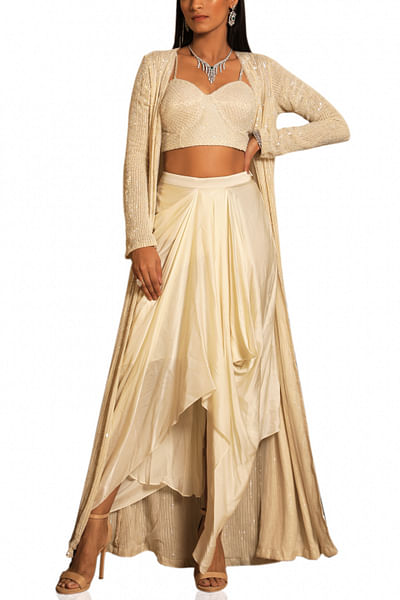Ivory embroidered jacket and dhoti skirt set