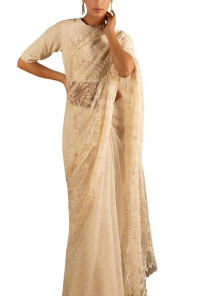 Ivory embroidered sari set