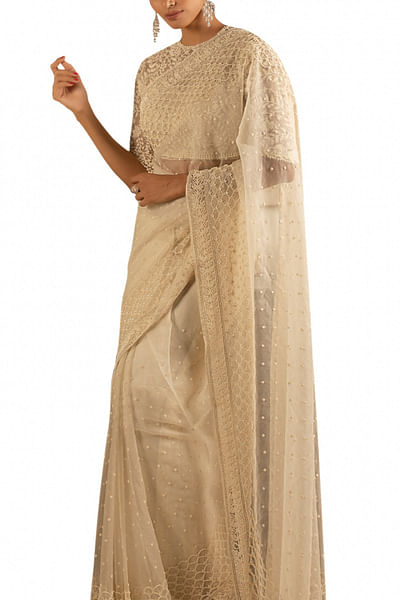 Ivory embroidered sari set
