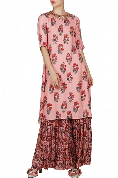 Lilly asymmetric embroidered tunic with printed cotton silk sharara