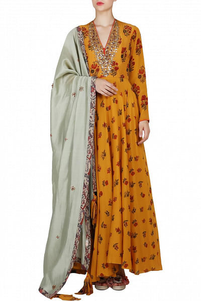 Lilly embroidered cotton silk kalidaar with churidaar and chanderi dupatta