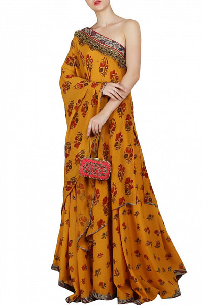Lilly embroidered one-shoulder tunic with cotton silk lehenga