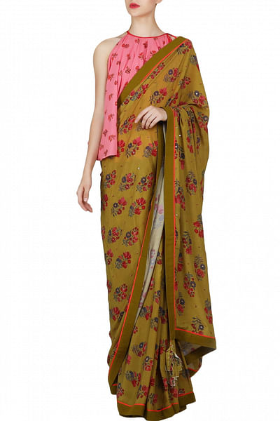 Lilly ruffled high-neck blouse with printed sari