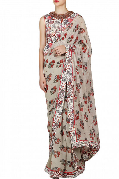 Lilly embellished silk blouse with printed sari
