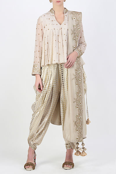 Offwhite embroidered top with cowl dhoti and embroidered palla