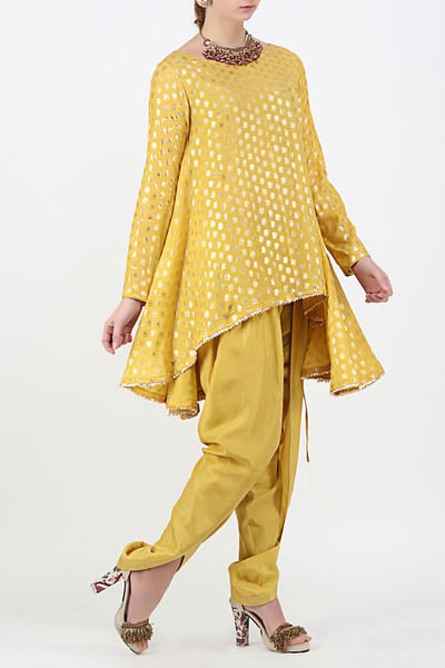 Yellow asymmetrical tunic with front overlap dhoti