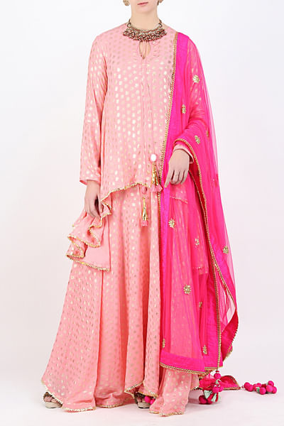 Rose pink asymmetrical tunic with skirt and soft net dupatta