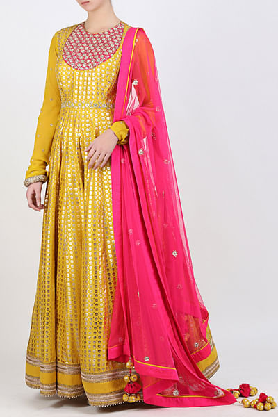 Yellow gold embroidered kalidar with churidar and contrast dupatta
