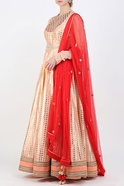 Salmon coloured kalidar with red dupatta