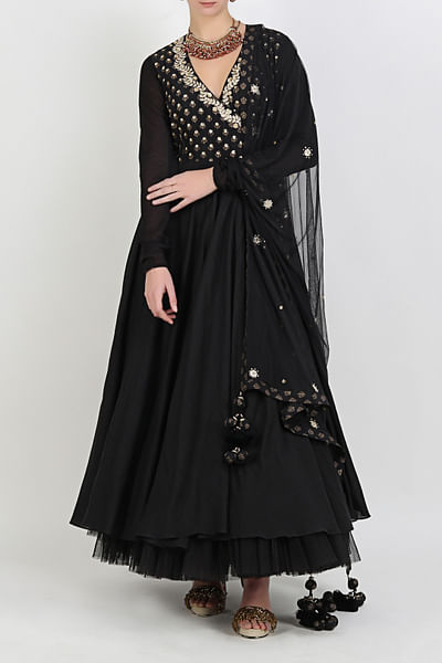 Black angrakha with embroidered dupatta