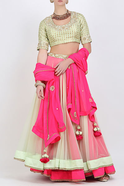 Pista and pink double layered lehenga with embroidered blouse and dupatta