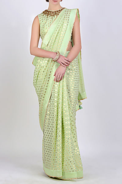 Pista sari with gold foil embroidered blouse