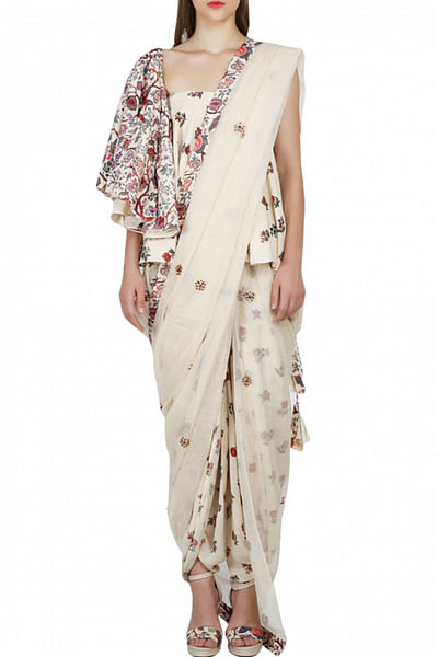 Ivory khadi one-shouldered blouse with crepe dhoti and embroidered dupatta